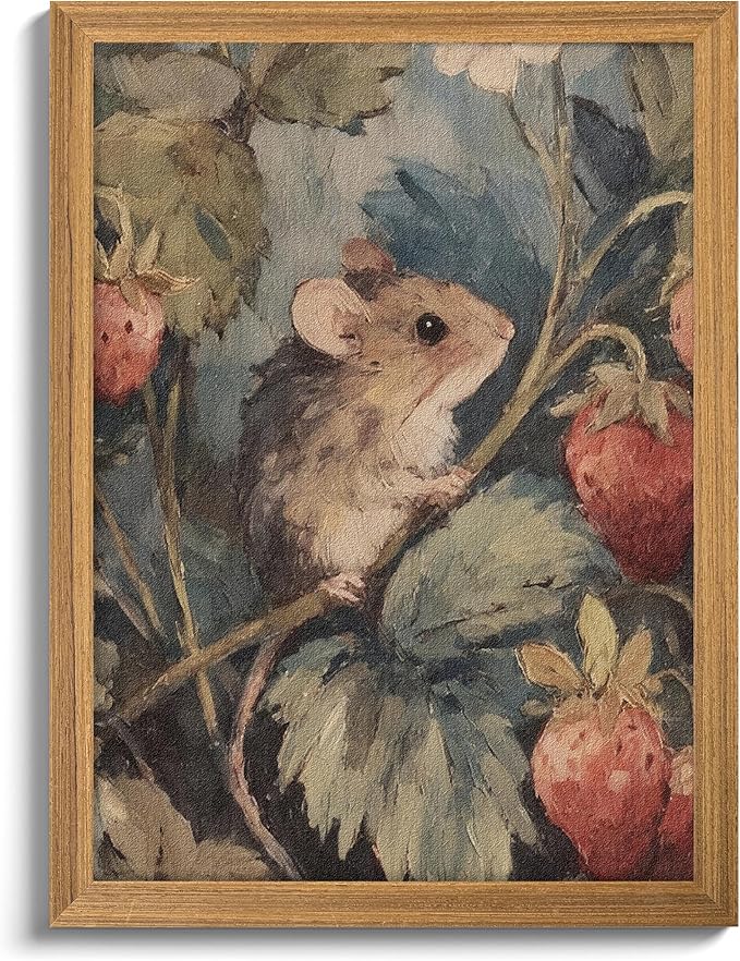 3D Textured Framed Vintage Mouse Wall Art, Whimsical Cottagecore Animal Wall Decor Painting, Rustic Farmhouse Forest Sandstone Artwork Picture for Nursery Living Room Bedroom 16x24 Inch