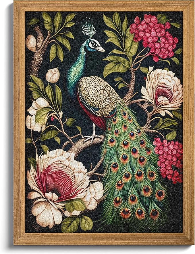 Framed Vintage 3D Textured Wall Art, Hand Drawn Sandstone Peacock Wall Decor, Modern Farmhouse Decor, Rural Botanical Floral Picture Painting Artwork for Living Room Bedroom 12x16 inch