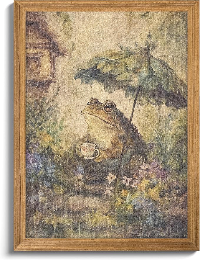 3D Textured Framed Vintage Frog Wall Art, Rustic Farmhouse Animal Wall Decor, Funny Frog with Umbrella Sandstone Painting, Whimsical Cottagecore Picture for Living Room Bedroom 16x24 Inch