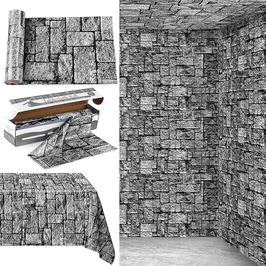 Kochorie 100 Ft x 54 Inch Stone Wall Tablecloth Roll with Cutter Box Disposable Plastic Stone Table Cover Medieval Stone Brick Table Cloth Dirt Floor Wall Backdrops for Farm Wedding Birthday Party