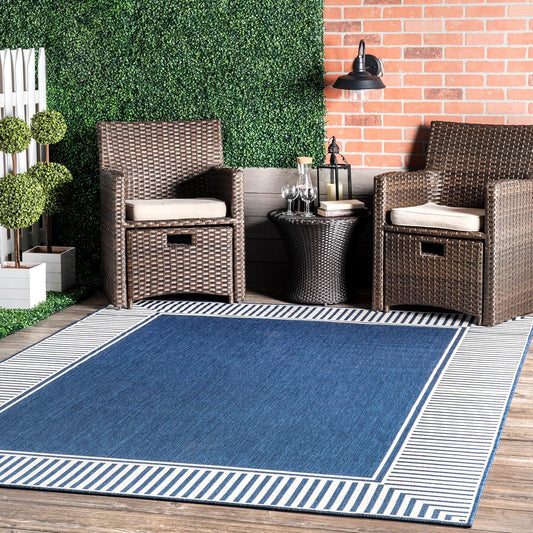 nuLOOM 2' x 3' Outdoor Area Rug, Casual Design With Striped Border, Stain Resistant, Highly Durable, For Patio, Balcony, Bedroom, Living Room, Dining Room, Bathroom, Navy
