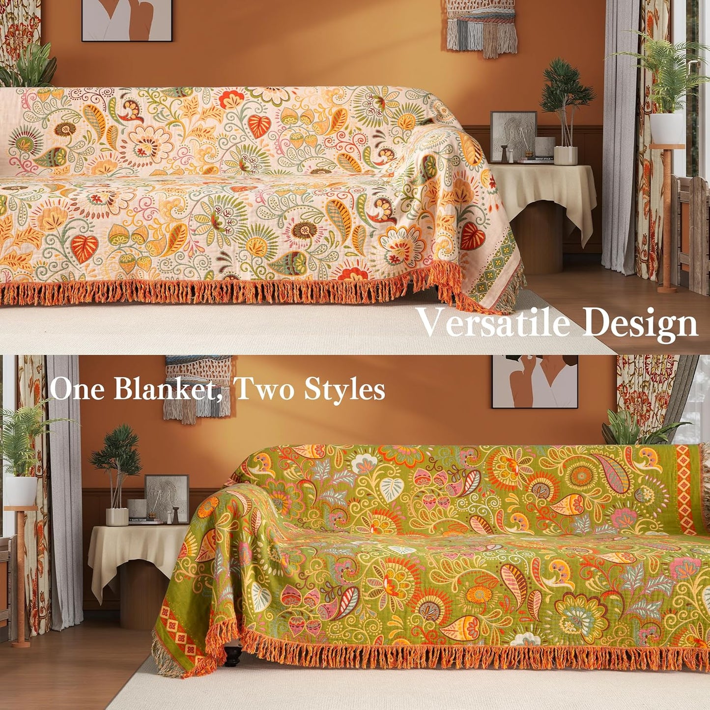Boho Throw Blanket Queen Size, Oversized Soft Cozy Cotton Muslin Quilt Blanket for Bed Decor, Floral Patterned Couch Sofa Chair Cover, Vintage Farmhouse Cottage Woven Blanket, Coral&Green