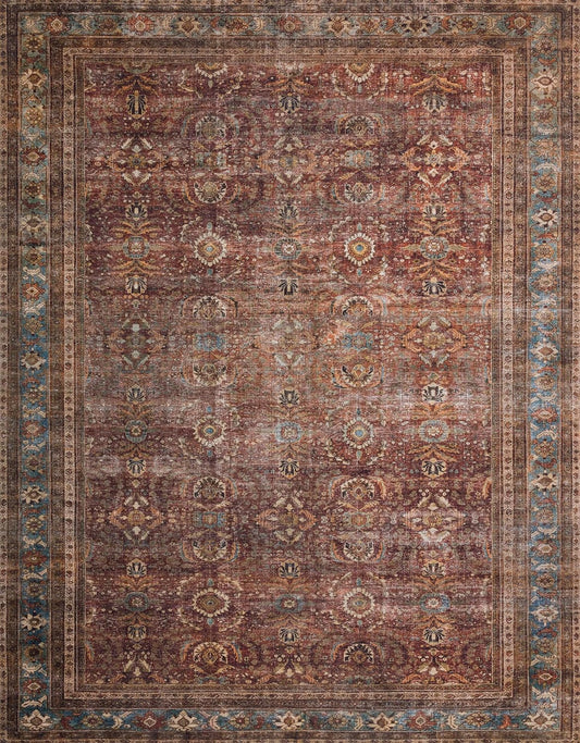 Loloi Layla Collection LAY-01 Brick/Blue 2'-6" x 9'-6" .13" Thick Runner Rug, Soft, Durable, Vintage Inspired, Distressed, Low Pile, Non-Shedding, Easy Clean, Printed, Living Room Rug