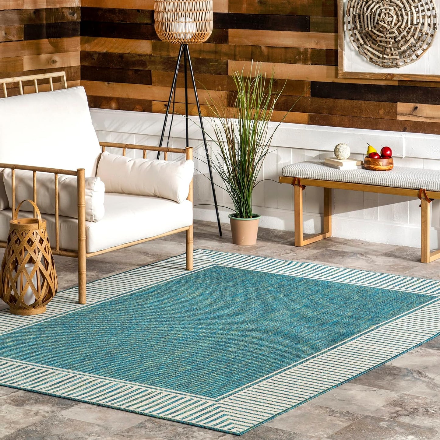 nuLOOM 5' x 8' Outdoor Area Rug, Casual Design With Striped Border, Stain Resistant, Highly Durable, For Patio, Balcony, Bedroom, Living Room, Dining Room, Bathroom, Teal