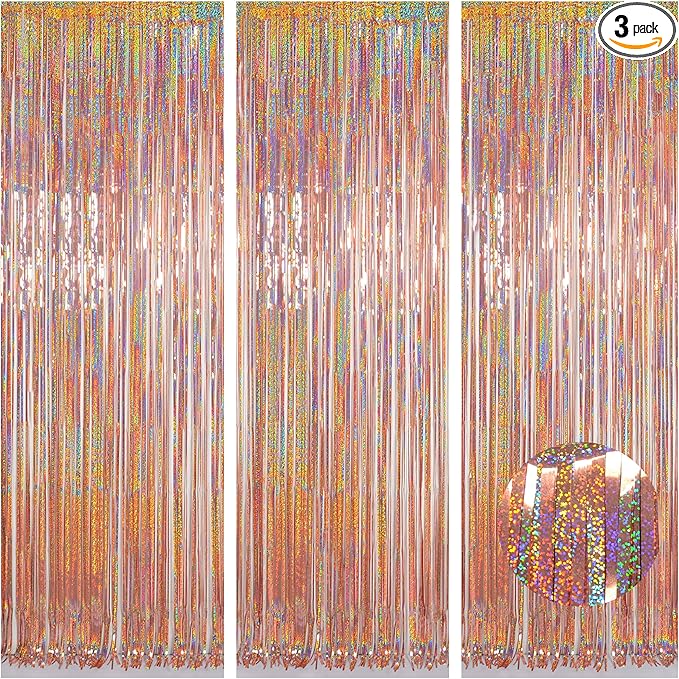Foil Fringe Curtains Valentines Backdrop Party Decorations - Melsan 3 Pack 3.2 x 8.2 ft Tinsel Curtain Party Photo Backdrop for Birthday Party Baby Shower Rose Gold