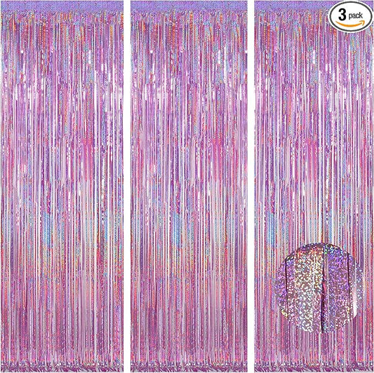 Melsan 3 Pack 3.2 x 8.2 ft Sparkling Pinkish Purple Tinsel Valentines Backdrop Fringe Curtain Backdrop Party Decorations Glitter Decor for Birthdays, Bachelorette, Weddings, Photo Booth