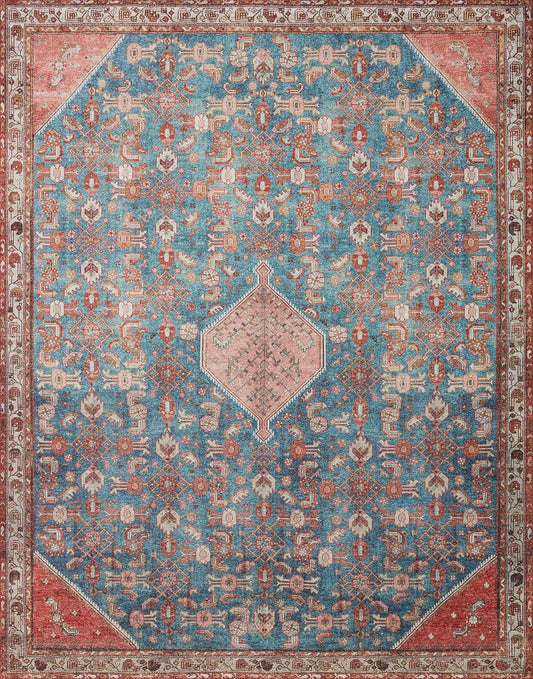 Loloi Layla Collection LAY-10 Marine/Clay 7'-6" x 9'-6" .13" Thick Area Rug, Soft, Durable, Vintage Inspired, Distressed, Low Pile, Non-Shedding, Easy Clean, Printed, Living Room Rug