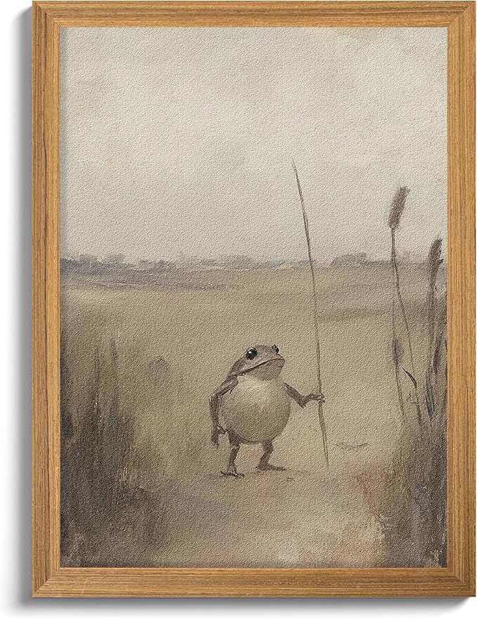 3D Textured Framed Whimsical Frog Wall Art, Vintage Rustic Cottagecore Canvas Wall Decor Picture, Weird Funny Frog Animal Sandstone Painting for Bedroom Living Room 12x16 Inch