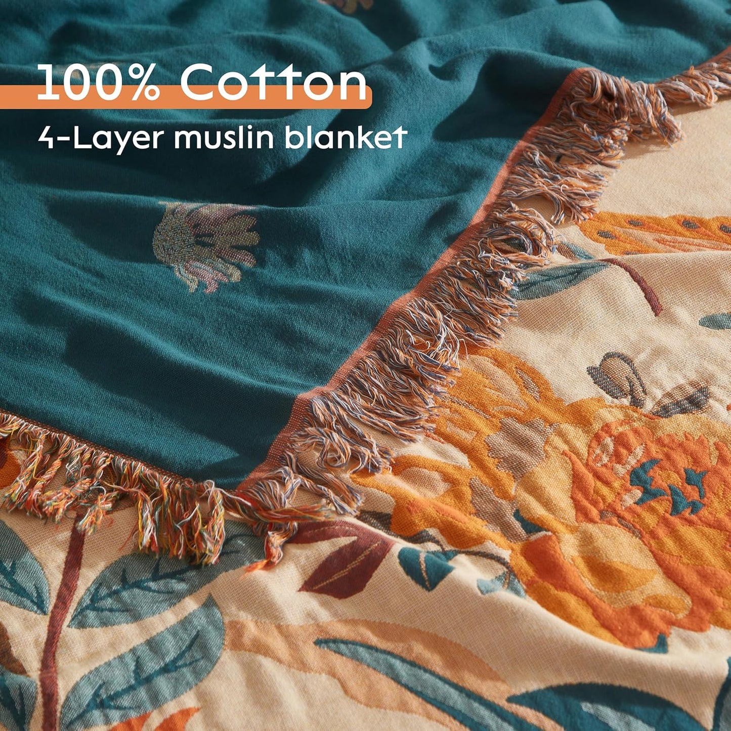Boho Throw Blanket for Bed 60”x80”, 100% Cotton Woven Blanket for Couch Sofa, Ultra Soft 4-Layer Muslin Quilt with Floral Printed, Farmhouse Bed Blanket/Cover for Living Room Decor