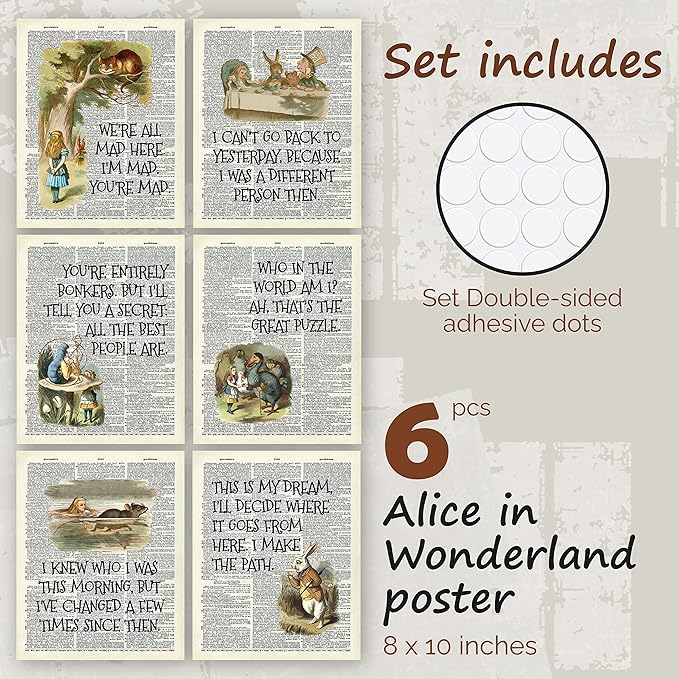 97 Decor Alice Decor - Wonderland Poster Set, Vintage Alice Dictionary Quotes Wall Art Print, Alice Painting Artwork Home Decorations for Bedroom (8x10 UNFRAMED)