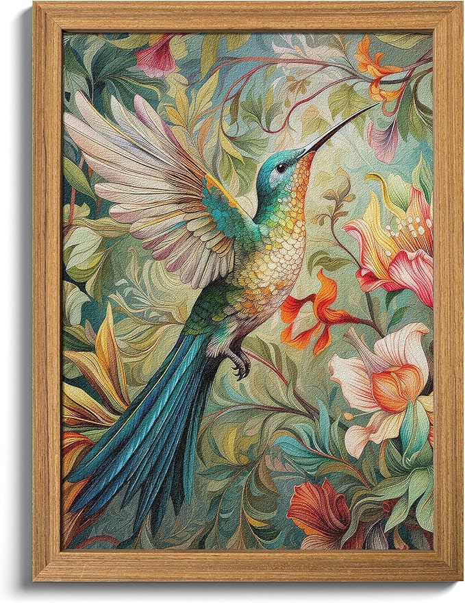 Framed Vintage 3D Textured Wall Art - Colorful Hummingbird Floral Wall Decor - Hand Painted Sandstone Nature Botanical Picture for Living Room Bedroom Home Decor 8x10 inch