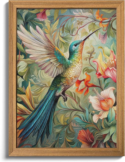 Framed Vintage 3D Textured Wall Art - Colorful Hummingbird Floral Wall Decor - Hand Painted Sandstone Nature Botanical Picture for Living Room Bedroom Home Decor 8x10 inch