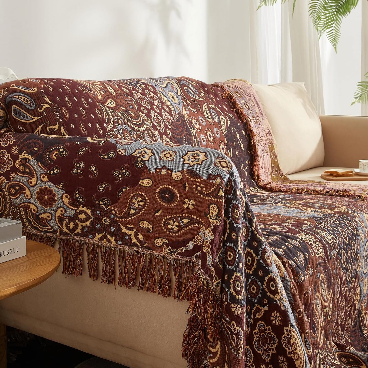 Boho Throw Blanket for Bed 60”x80”, 100% Cotton Woven Blanket for Couch Sofa, Ultra Soft 4-Layer Muslin Quilt with Patchwork Floral Printed, Farmhouse Bed Blanket/Cover for Living Room Decor
