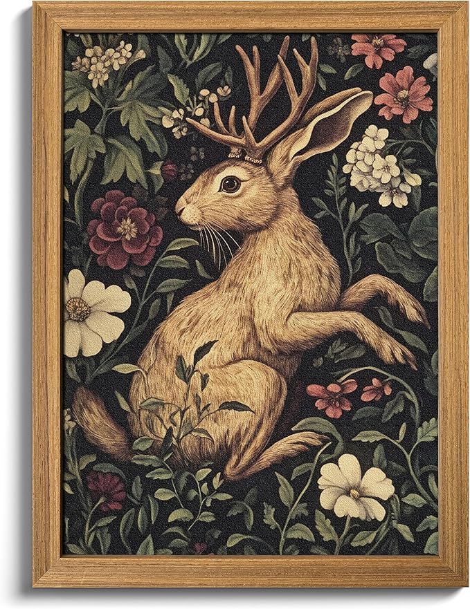 Framed Vintage Jackalope Wall Art, William Morris Dark Botanical Cottagecore Decor, Mythical Folklore Nature Illustration, Hand Drawn Sandstone Art for Living Room Bedroom 12x16 inch