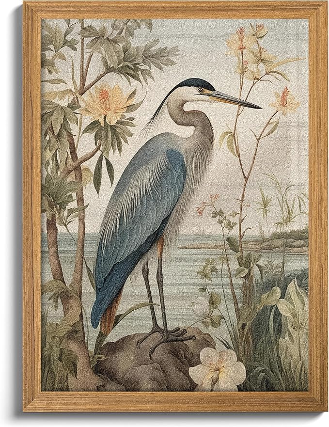 Framed William Morris Heron Wall Art, Vintage 3D Textured Botanical Wall Decor, Hand Drawn Sandstone Wildlife Picture Artwork, Modern Farmhouse Decor for Bedroom Living Room 12x16 inch