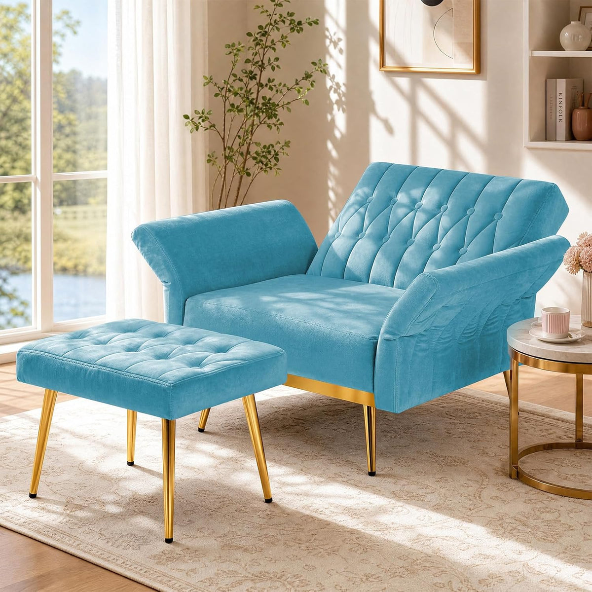 Velvet Accent Chair w/Ottoman & Adjustable Backrest, Baby Blue