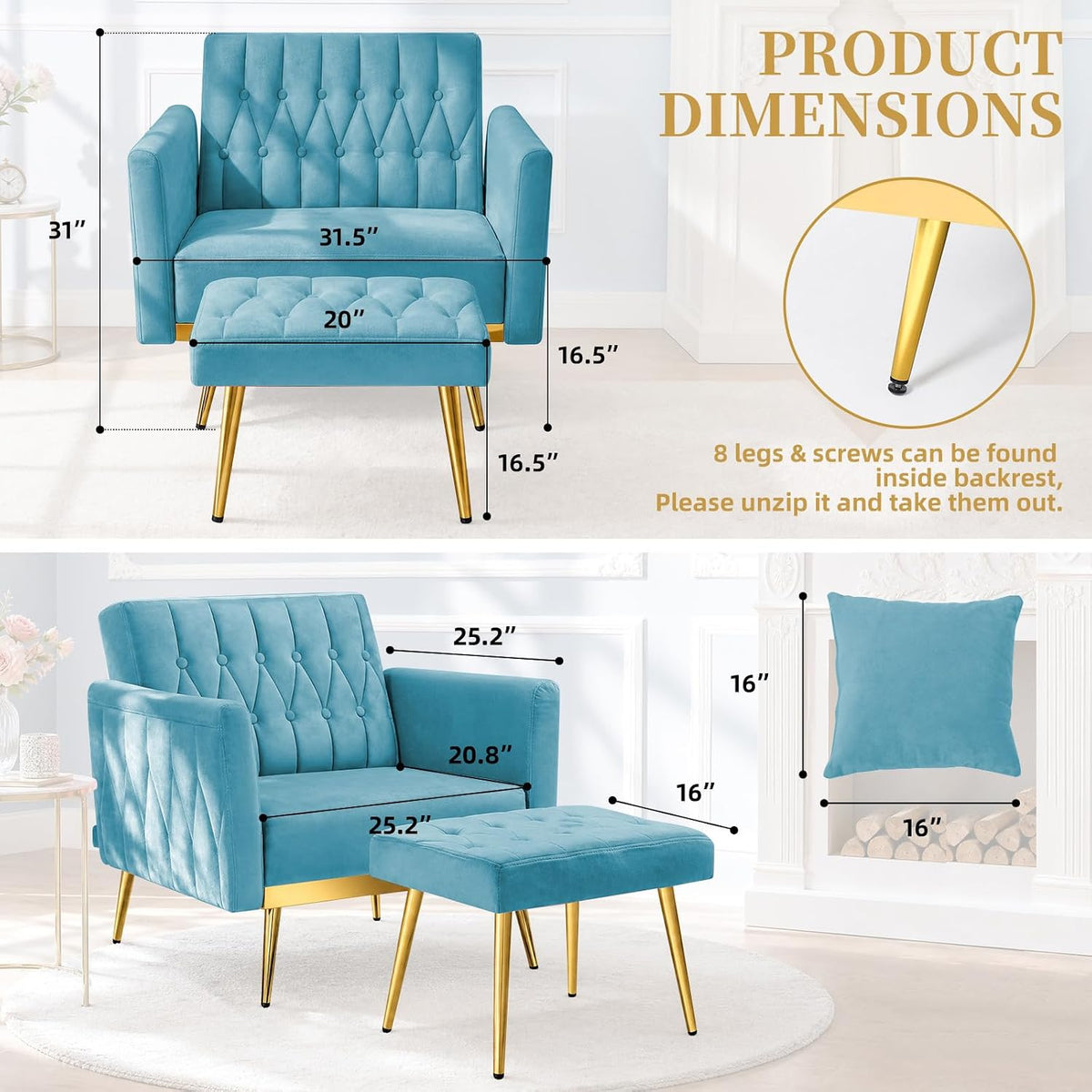 Velvet Accent Chair w/Ottoman & Adjustable Backrest, Baby Blue