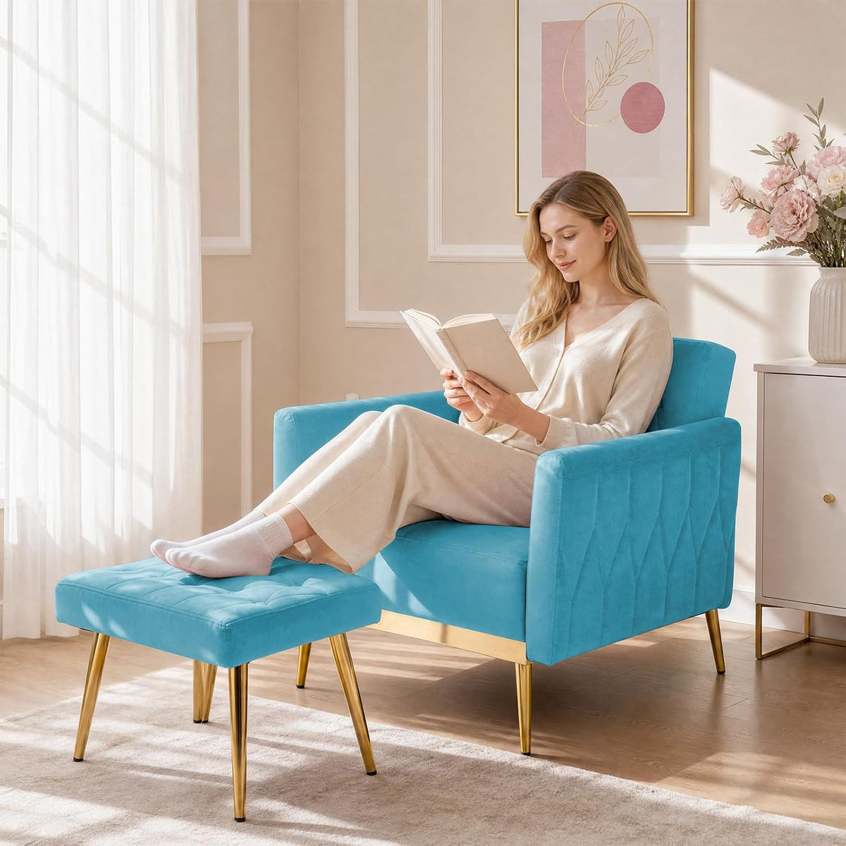 Velvet Accent Chair w/Ottoman & Adjustable Backrest, Baby Blue