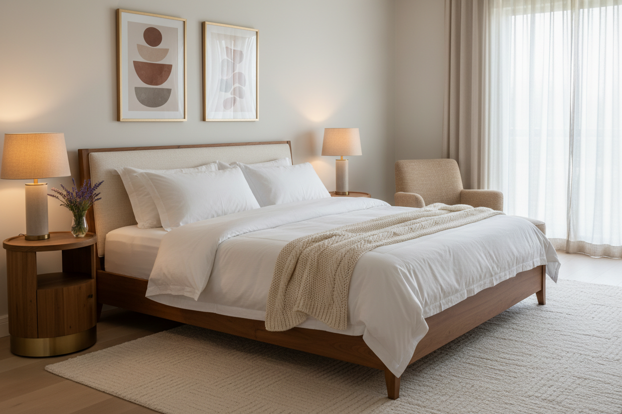 Luxurious bedding, gentle lighting, and thoughtful décor that invite rest, relaxation, and rejuvenation (make it real photo)