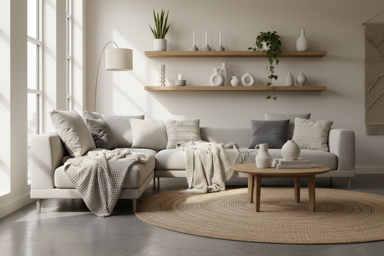 Soft throws, cozy cushions, minimalist shelving, and accent pieces that turn your living space into a sanctuary. (make it real photo)